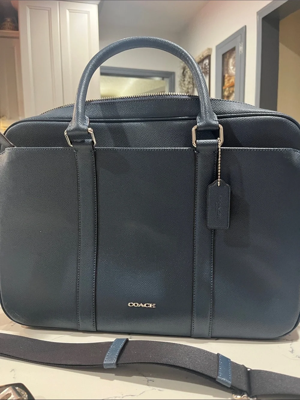 Coach Navy Leather Laptop Briefcase with Shoulder Strap mom